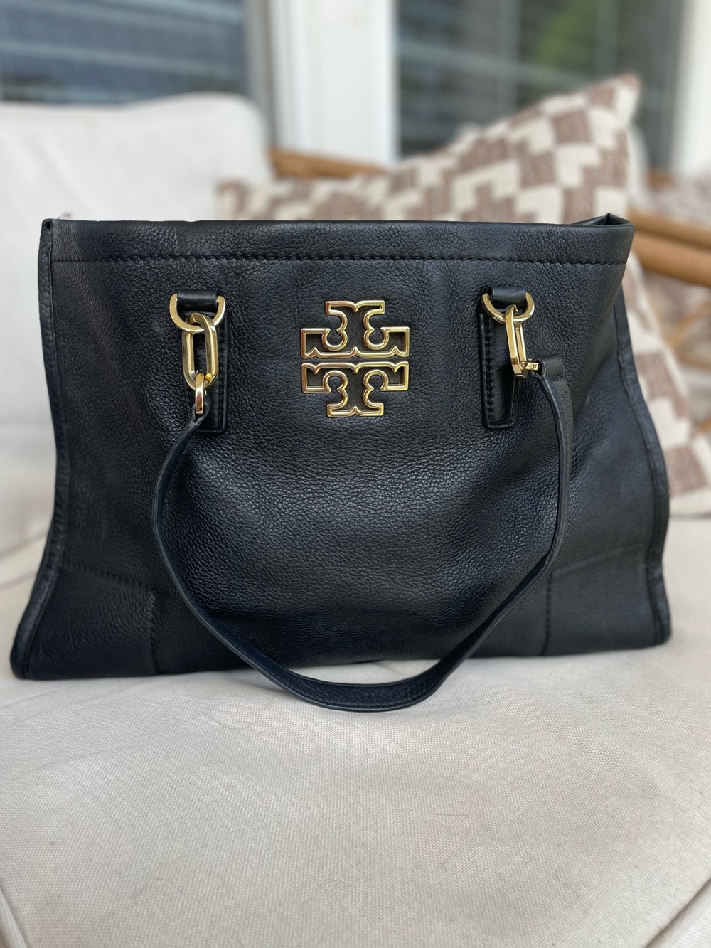 Tory Burch Black Leather Shoulder Tote with Gold Logo